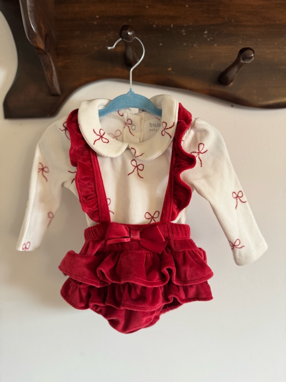 The Children's Place Red Velvet Ruffle Suspender Romper Set